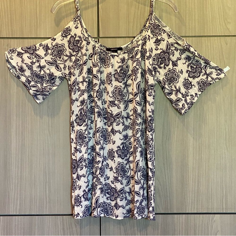 Forever 21 Boho Blue and Cream Tunic Mini Dress Medium